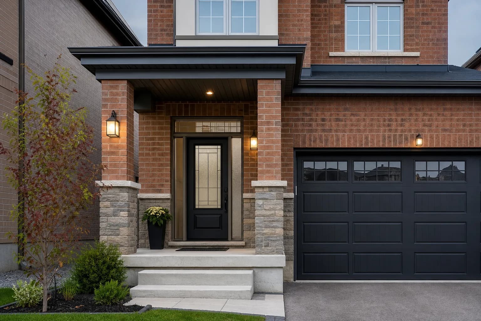 Modern black front door with glass panel on a brick home in Stouffville, Ontario