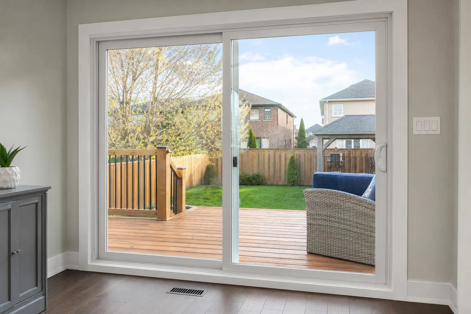 Sliding patio door overlooking a backyard deck in Stouffville, Ontario